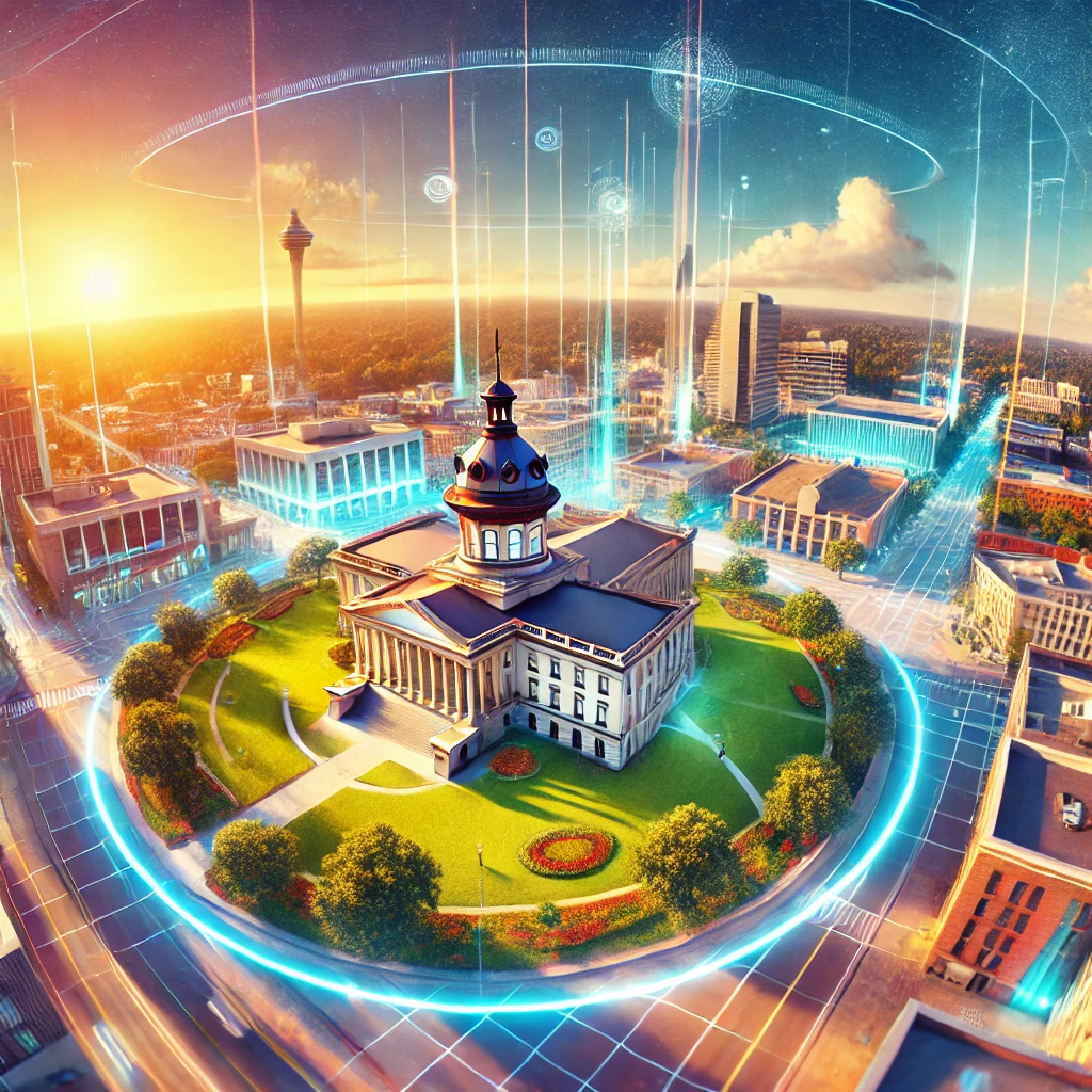 A scenic and vibrant 360-degree panoramic view of Columbia, SC, featuring iconic landmarks like the South Carolina State House and a modern cityscape. The image should highlight the immersive quality of 360 photography with dynamic visuals, clean lines, and a focus on the surrounding environment. Use a bright and clear sky to enhance the visual appeal, emphasizing technology and innovation.