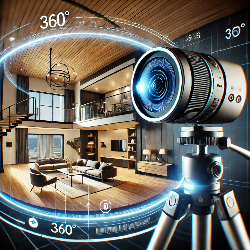 A dynamic and professional image showcasing a 360-degree camera capturing the interior of a modern home. The scene should emphasize high-tech equipment in action, with a well-lit, stylish real estate setting. Include visual elements like a sleek camera setup on a tripod and a panoramic view of the room that conveys immersive photography. Use clean and modern visuals with a focus on precision and innovation.