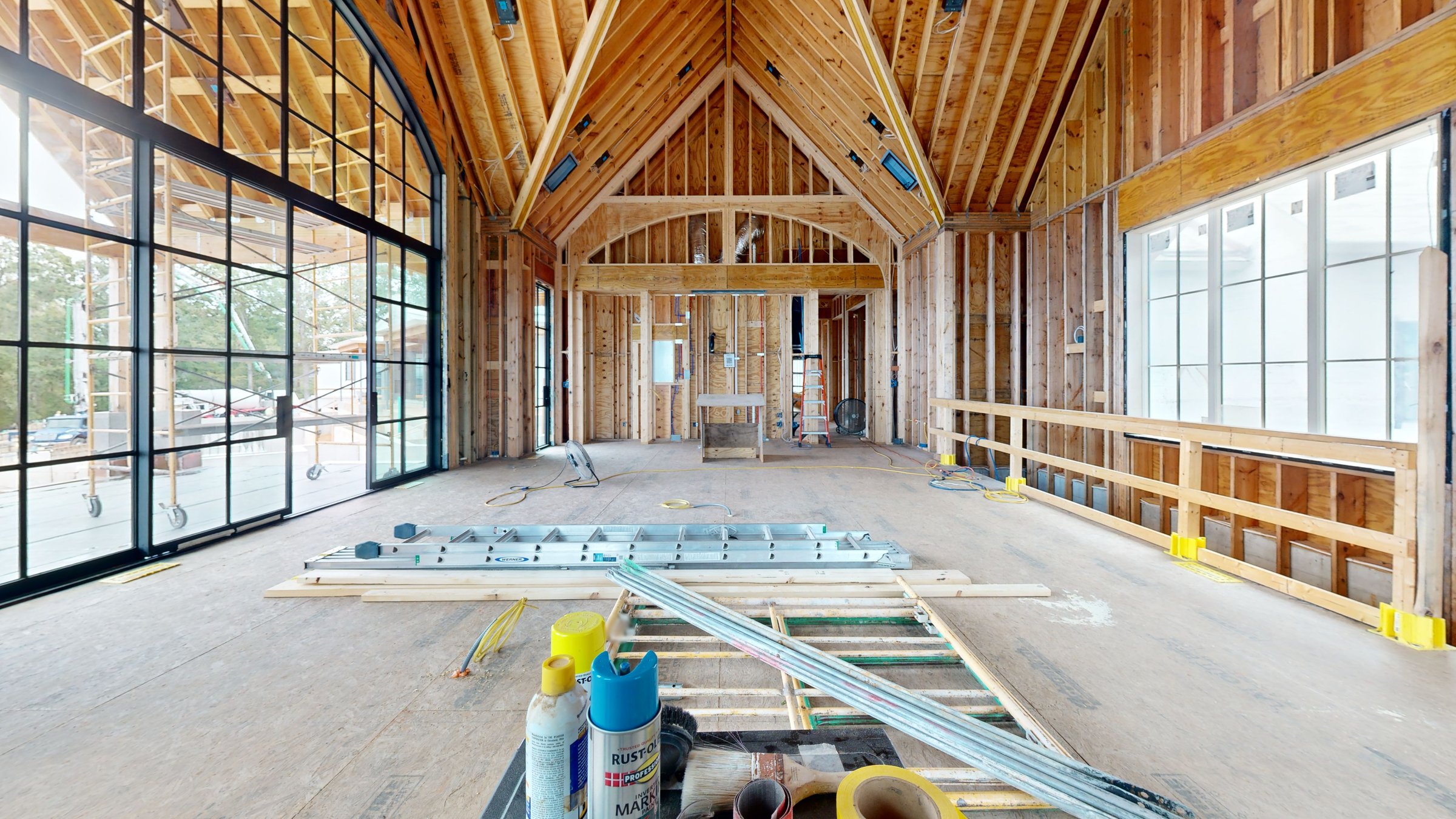 Open framing and roof trusses before drywall