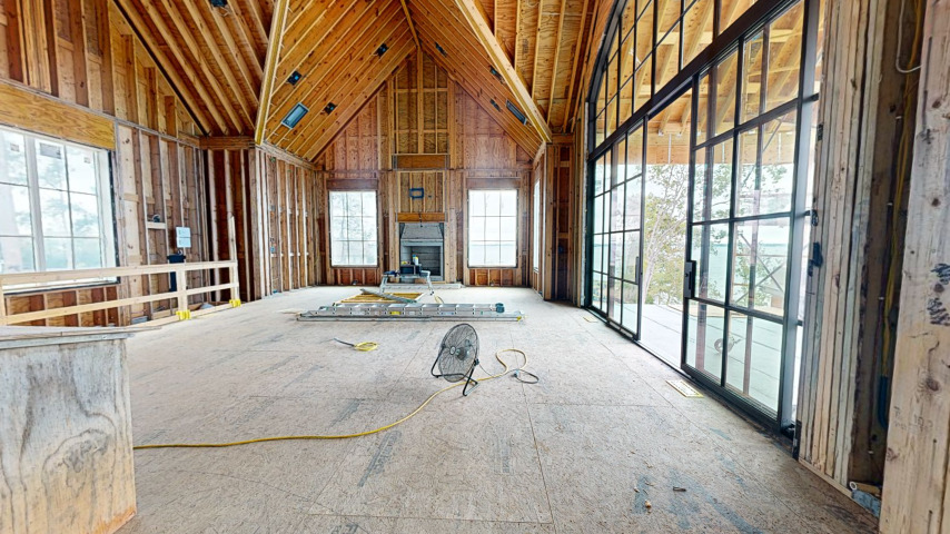 Vaulted great room at framing stage, lakefront custom home, Lexington SC